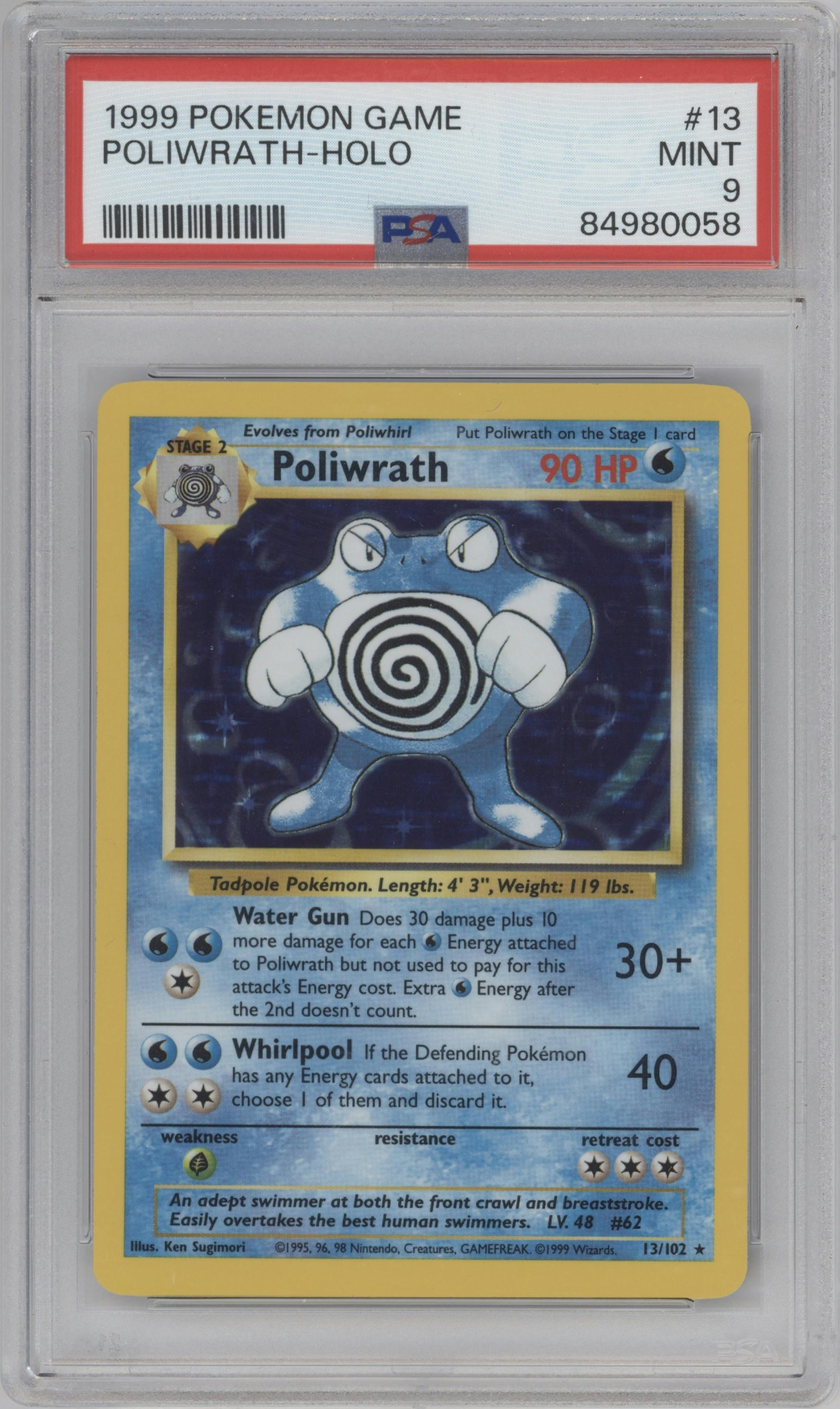 Poliwrath from the 1999 Pokemon set graded by PSA and given an overall grade of 9.