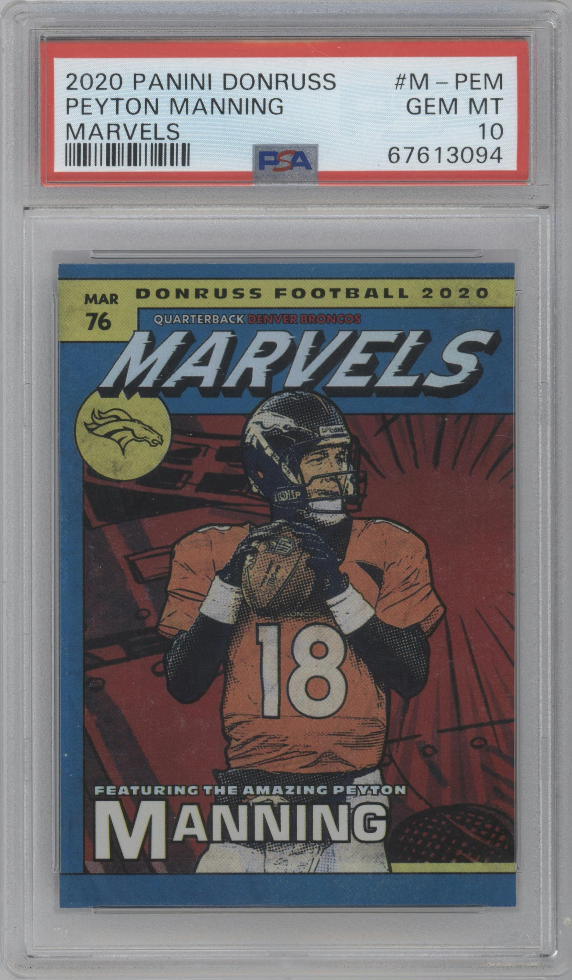 Peyton Manning from the 2020 Panini Donruss set graded by PSA and given an overall grade of 10.