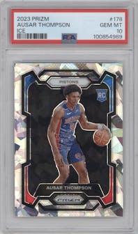 Ausar Thompson from the 2023-24 Panini Prizm set featuring a Ice Prizm parallel graded by PSA and given an overall grade of 10.