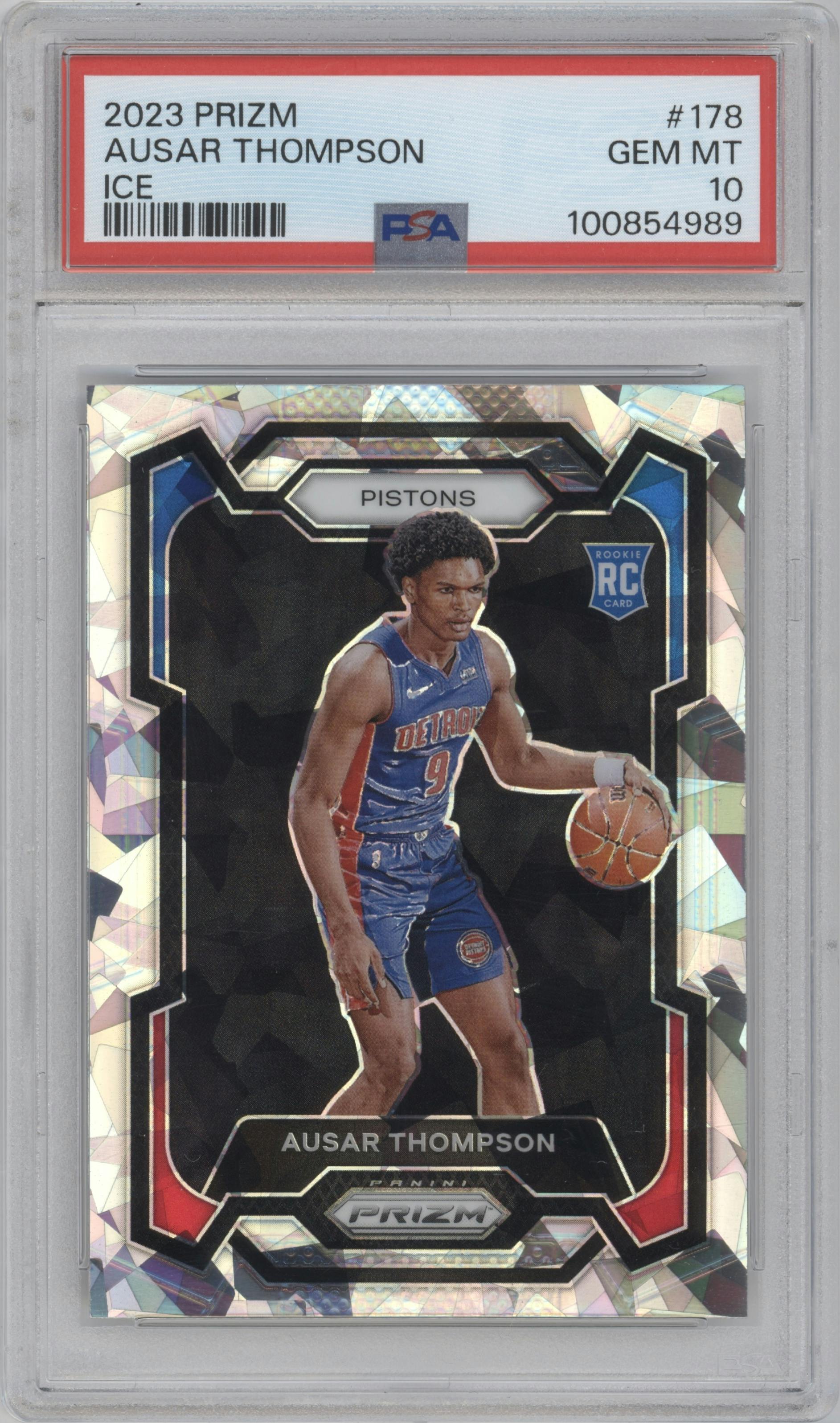 Ausar Thompson from the 2023-24 Panini Prizm set featuring a Ice Prizm parallel graded by PSA and given an overall grade of 10.