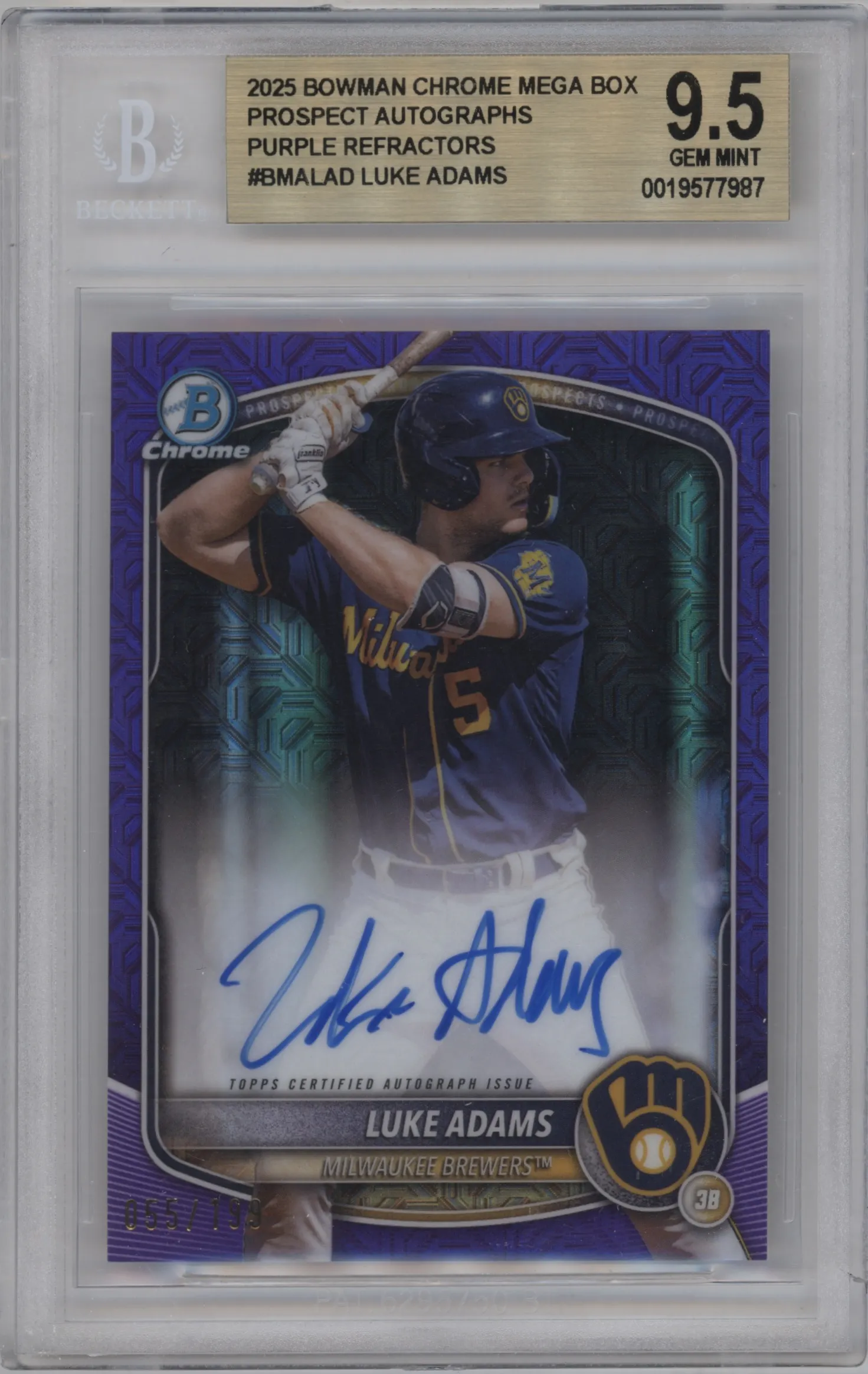 2025 Bowman Chrome Mega Box Chr.Pros.Auto Luke Adams Purple Mega Refractor BGS 9.5