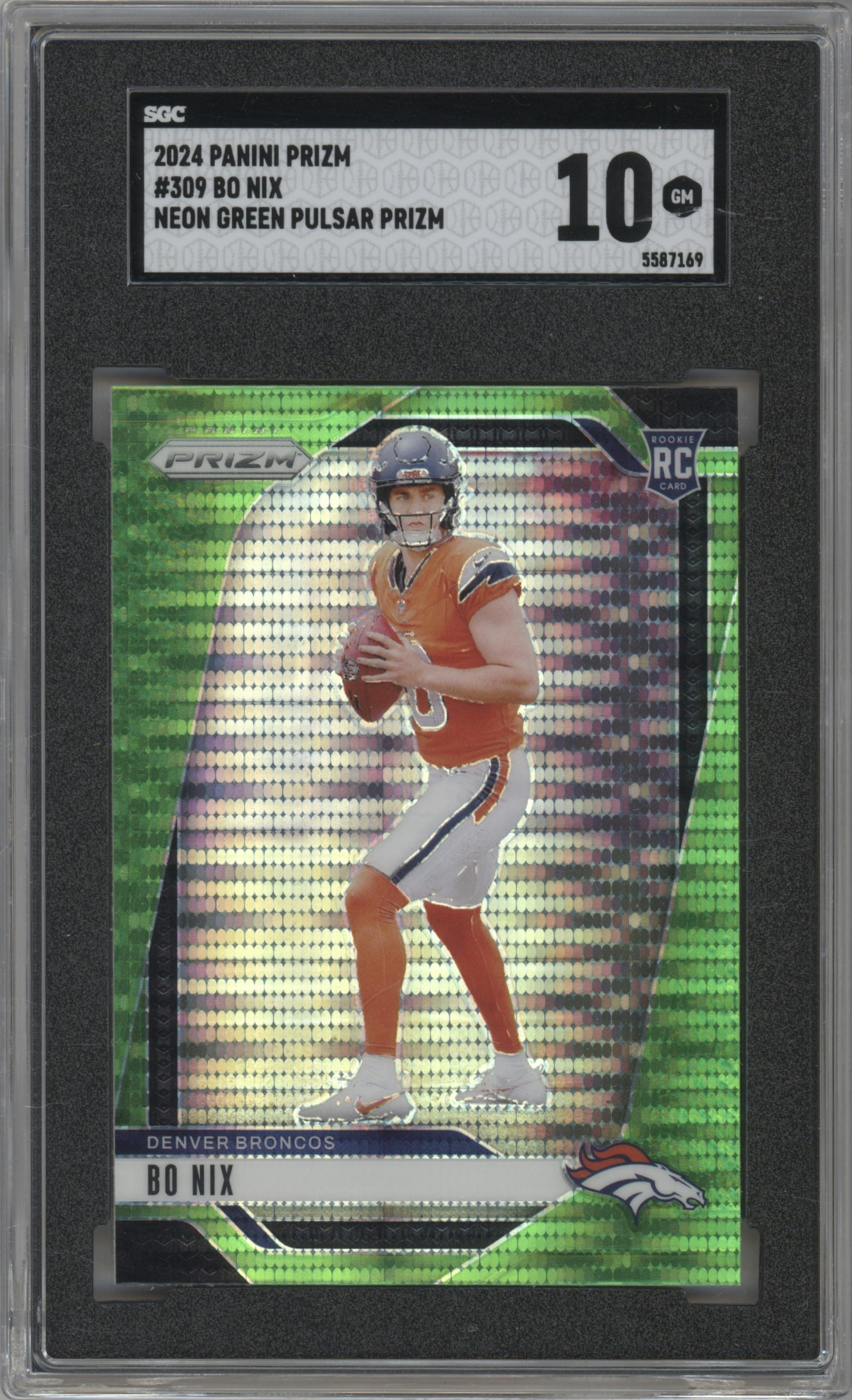 Bo Nix from the 2024 Panini Prizm set featuring a Neon Green Pulsar  parallel graded by SGC and given an overall grade of 10.