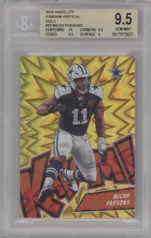 Micah Parsons from the 2024 Panini Absolute set featuring a Gold parallel graded by Beckett and given an overall grade of 9.5.