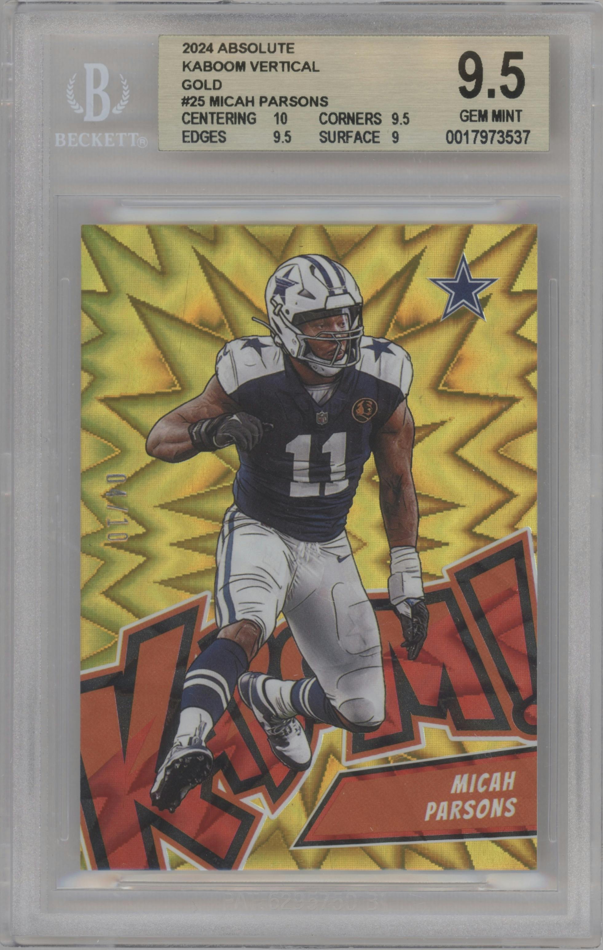 Micah Parsons from the 2024 Panini Absolute set featuring a Gold parallel graded by Beckett and given an overall grade of 9.5.