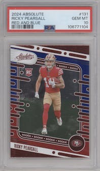 Ricky Pearsall from the 2024 Panini Absolute set featuring a Red & Blue parallel graded by PSA and given an overall grade of 10.
