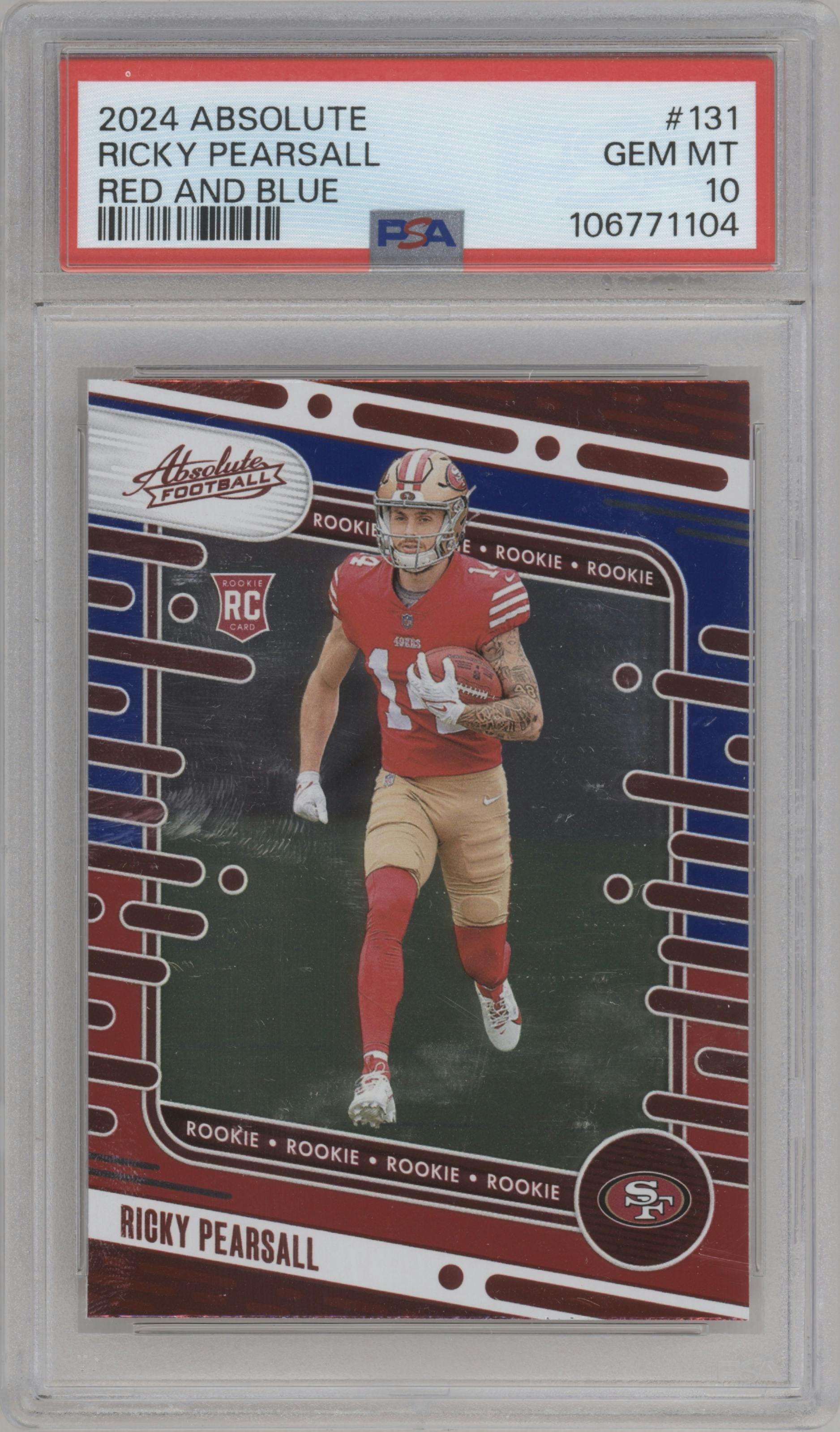 Ricky Pearsall from the 2024 Panini Absolute set featuring a Red & Blue parallel graded by PSA and given an overall grade of 10.