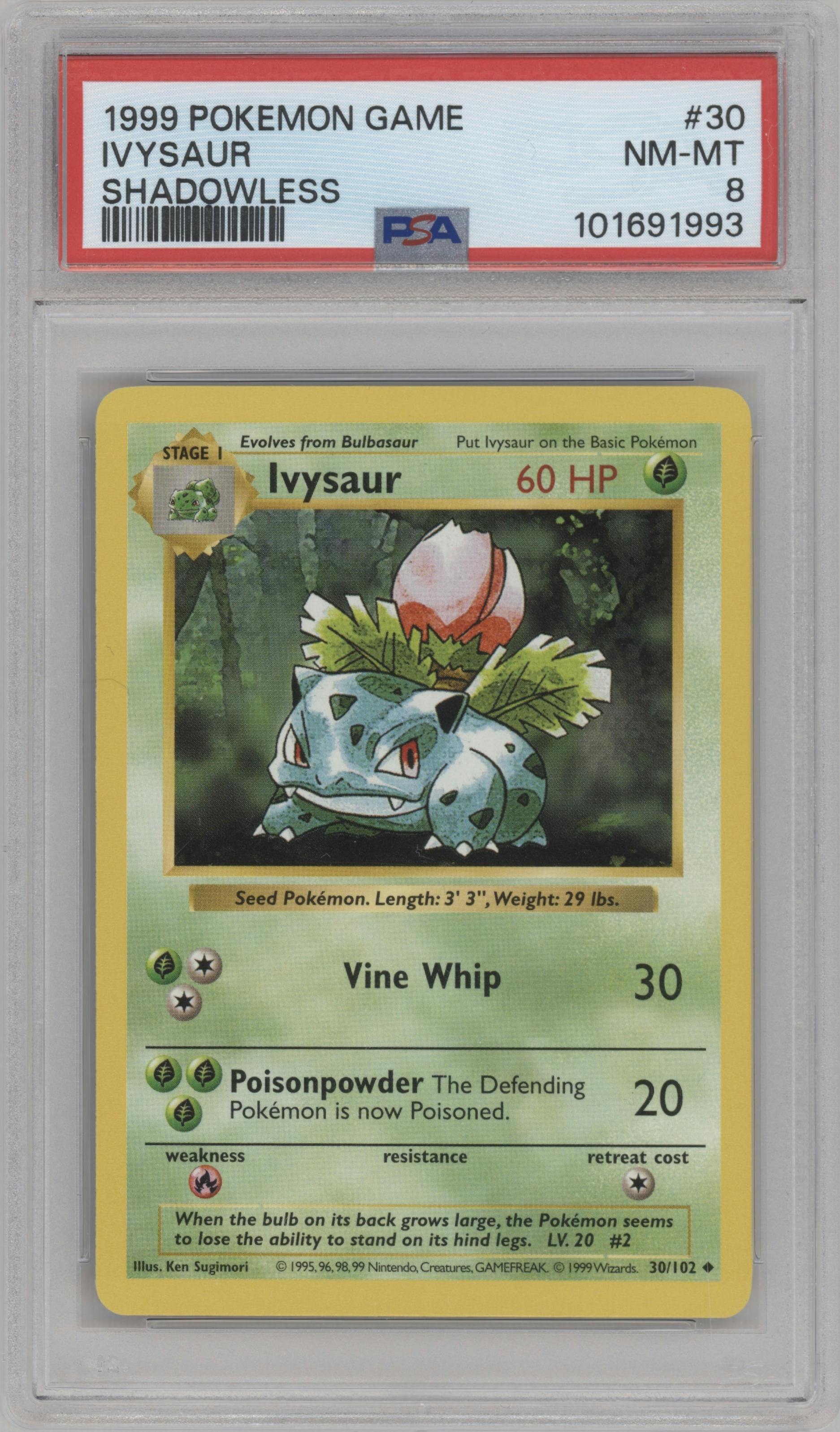 Ivysaur from the 1999 Pokemon set graded by PSA and given an overall grade of 8.