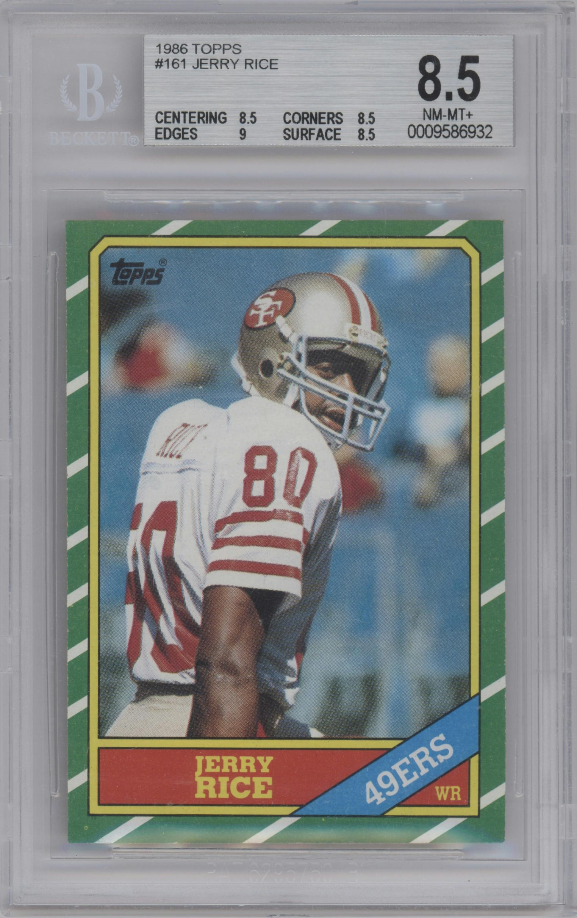 Jerry Rice from the 1986 Topps set graded by Beckett and given an overall grade of 8.5.