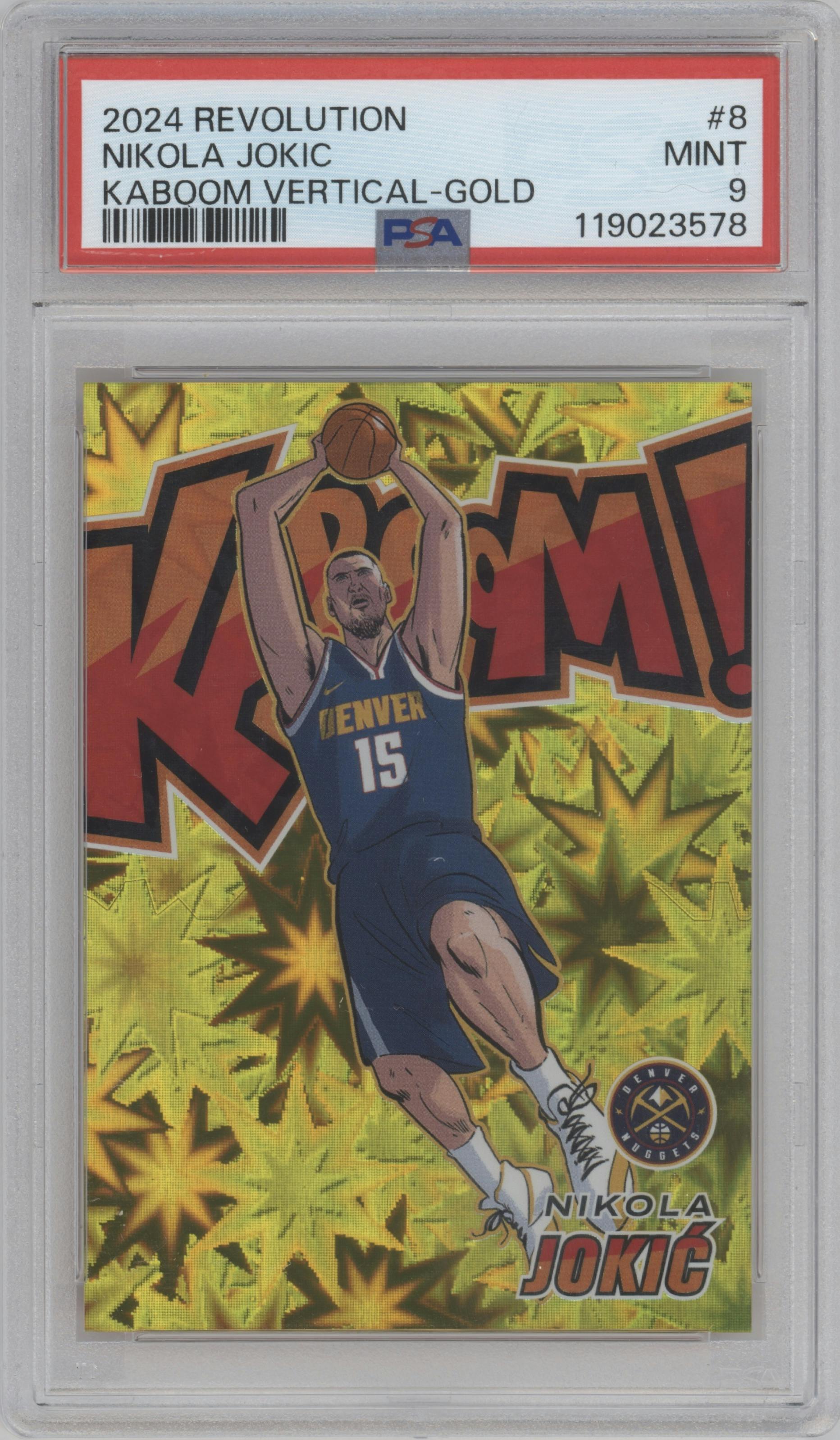 Nikola Jokic from the 2024-25 Panini Revolution set featuring a Gold parallel graded by PSA and given an overall grade of 9.