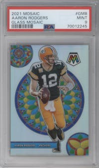 Aaron Rodgers from the 2021 Panini Mosaic set graded by PSA and given an overall grade of 9.
