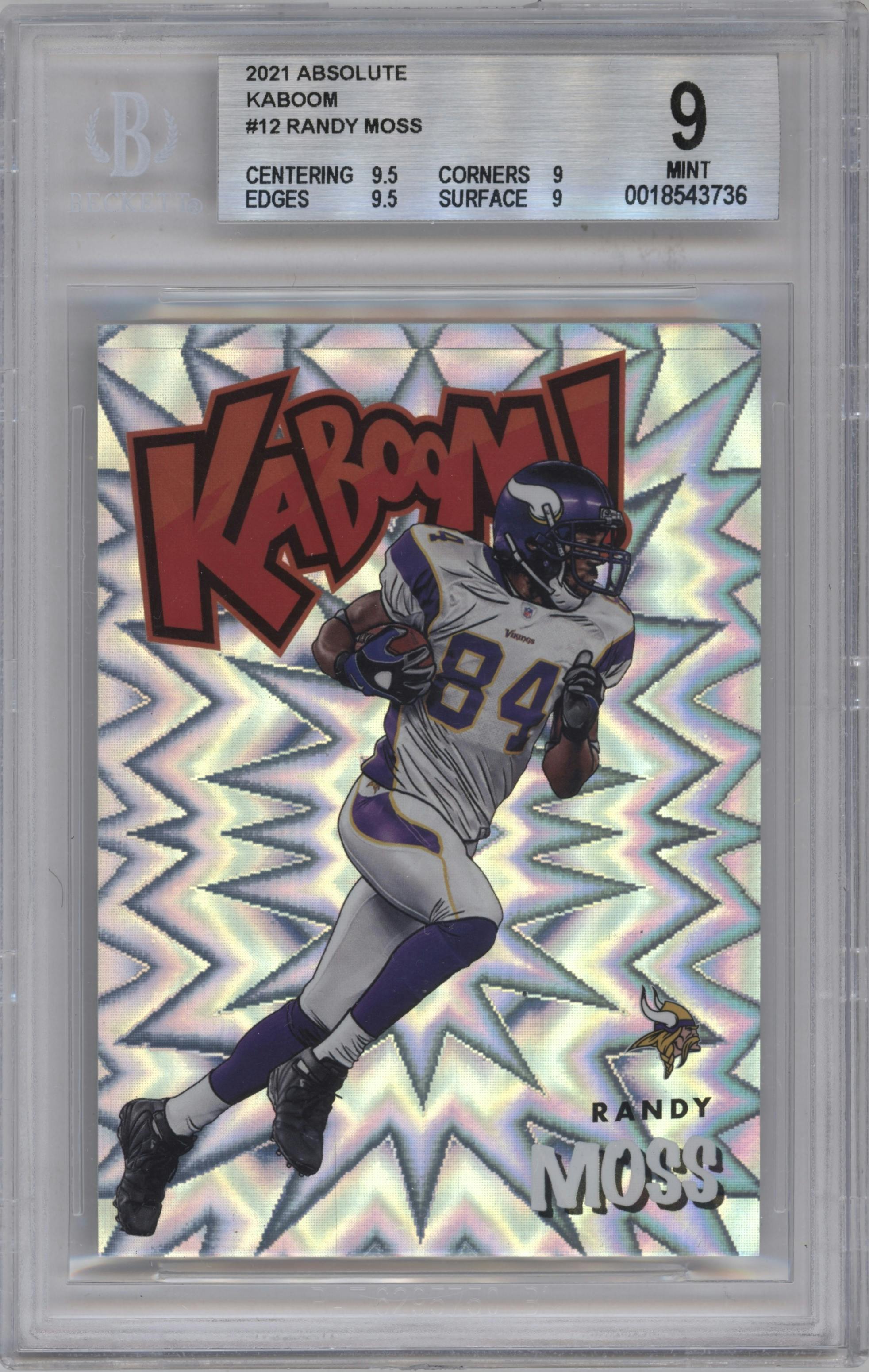 Randy Moss from the 2021 Panini Absolute set graded by Beckett and given an overall grade of 9.