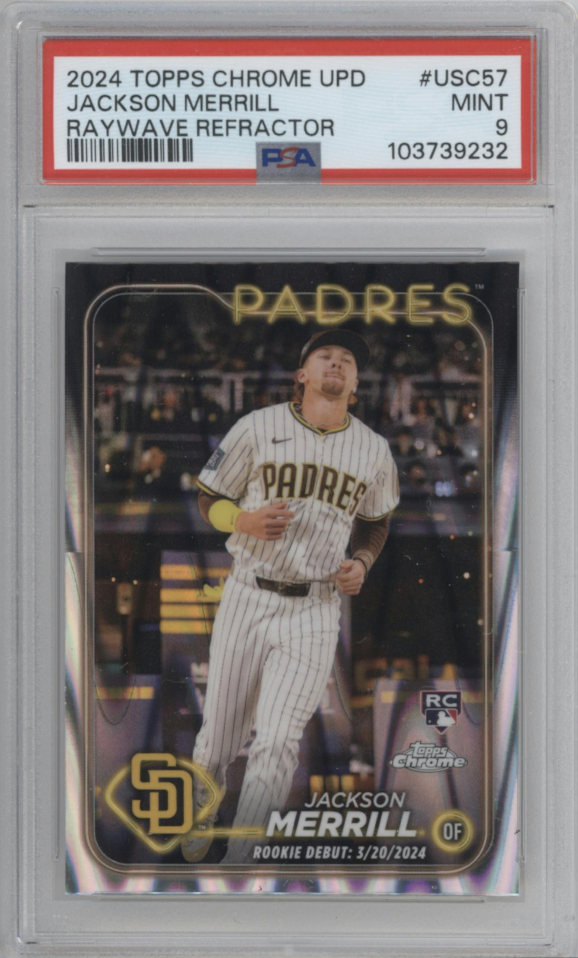Jackson Merrill from the 2024 Topps Chrome Update set featuring a RayWave Refractor parallel graded by PSA and given an overall grade of 9.
