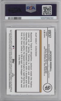 Jackson Merrill from the 2024 Topps Chrome Update set featuring a RayWave Refractor parallel graded by PSA and given an overall grade of 9.
