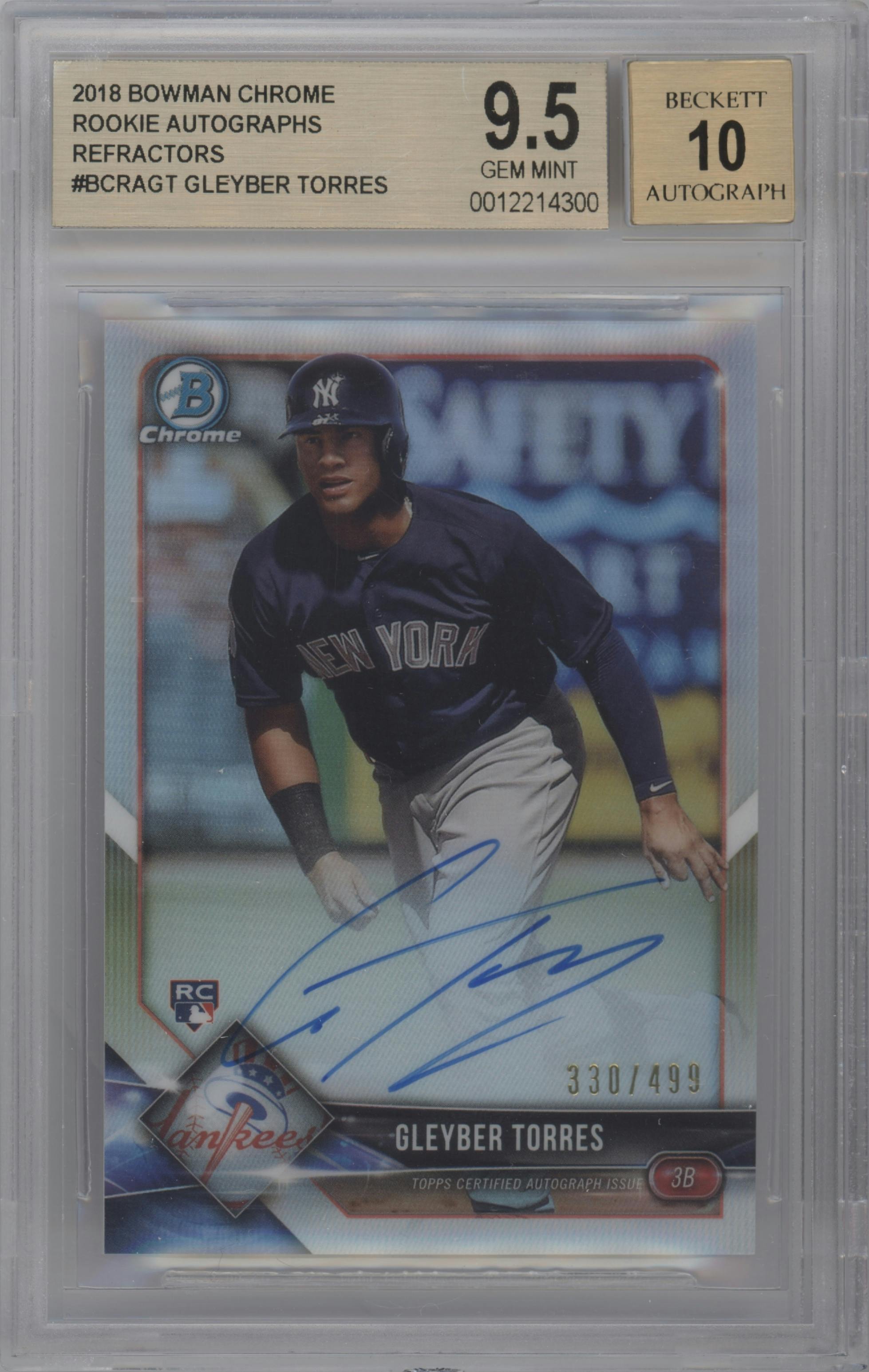 Gleyber Torres from the 2018 Bowman Chrome set featuring a Refractor parallel graded by Beckett and given an overall grade of 9.5.