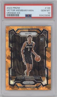 Victor Wembanyama from the 2023-24 Panini Prizm set featuring a Orange Ice parallel graded by PSA and given an overall grade of 10.