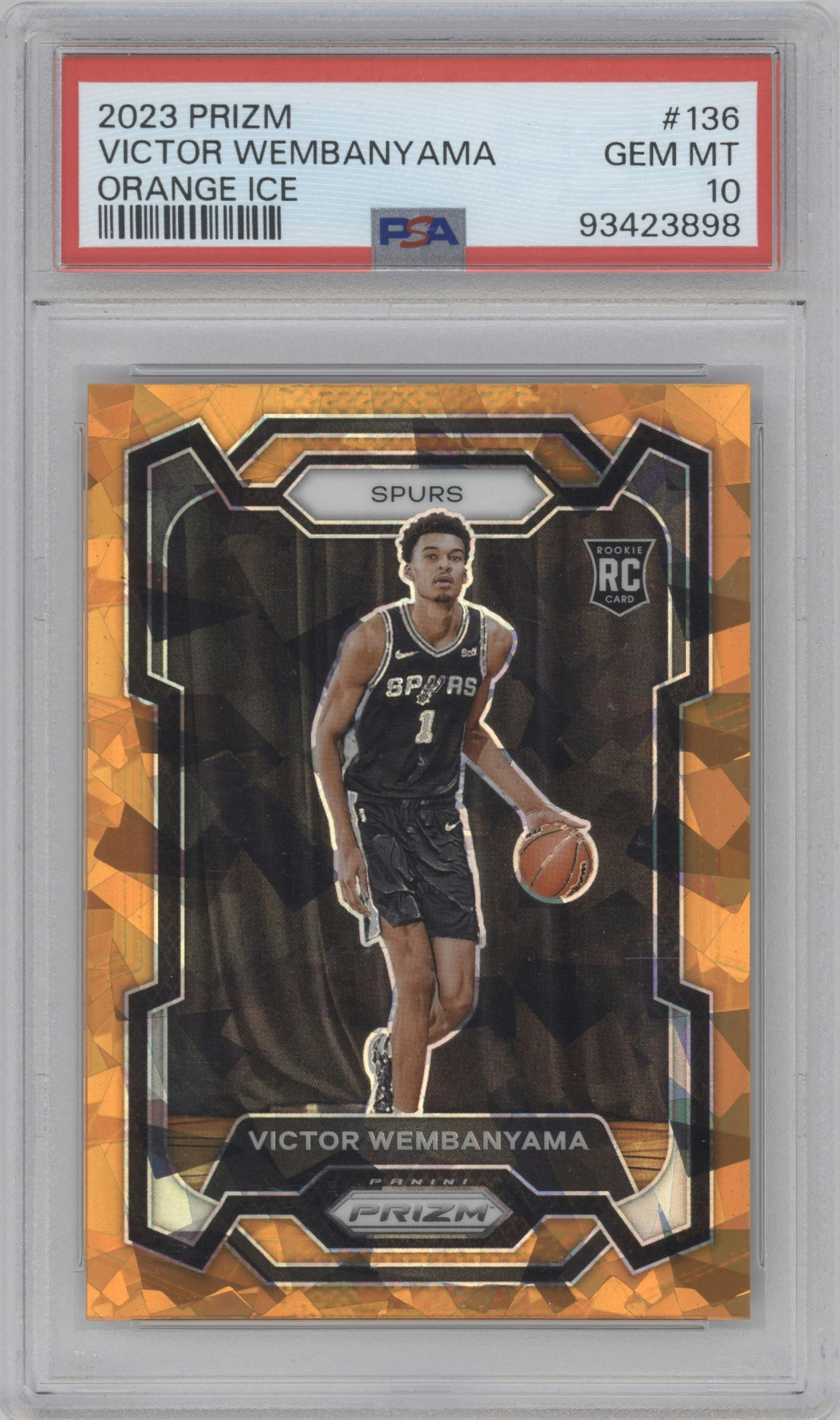 Victor Wembanyama from the 2023-24 Panini Prizm set featuring a Orange Ice parallel graded by PSA and given an overall grade of 10.