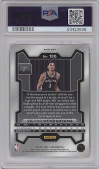 Victor Wembanyama from the 2023-24 Panini Prizm set featuring a Orange Ice parallel graded by PSA and given an overall grade of 10.