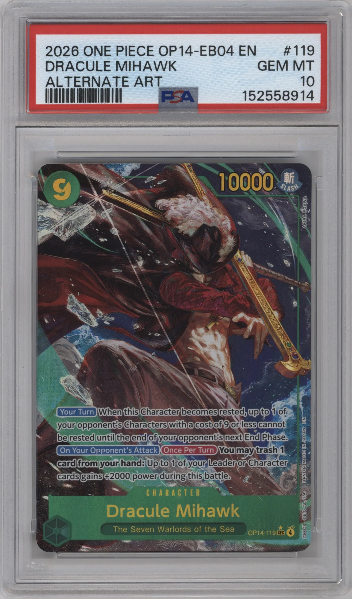 2026 One Piece The Azure Sea's Seven Dracule Mihawk Alternate Art SEC #OP14-119 SEC PSA 10
