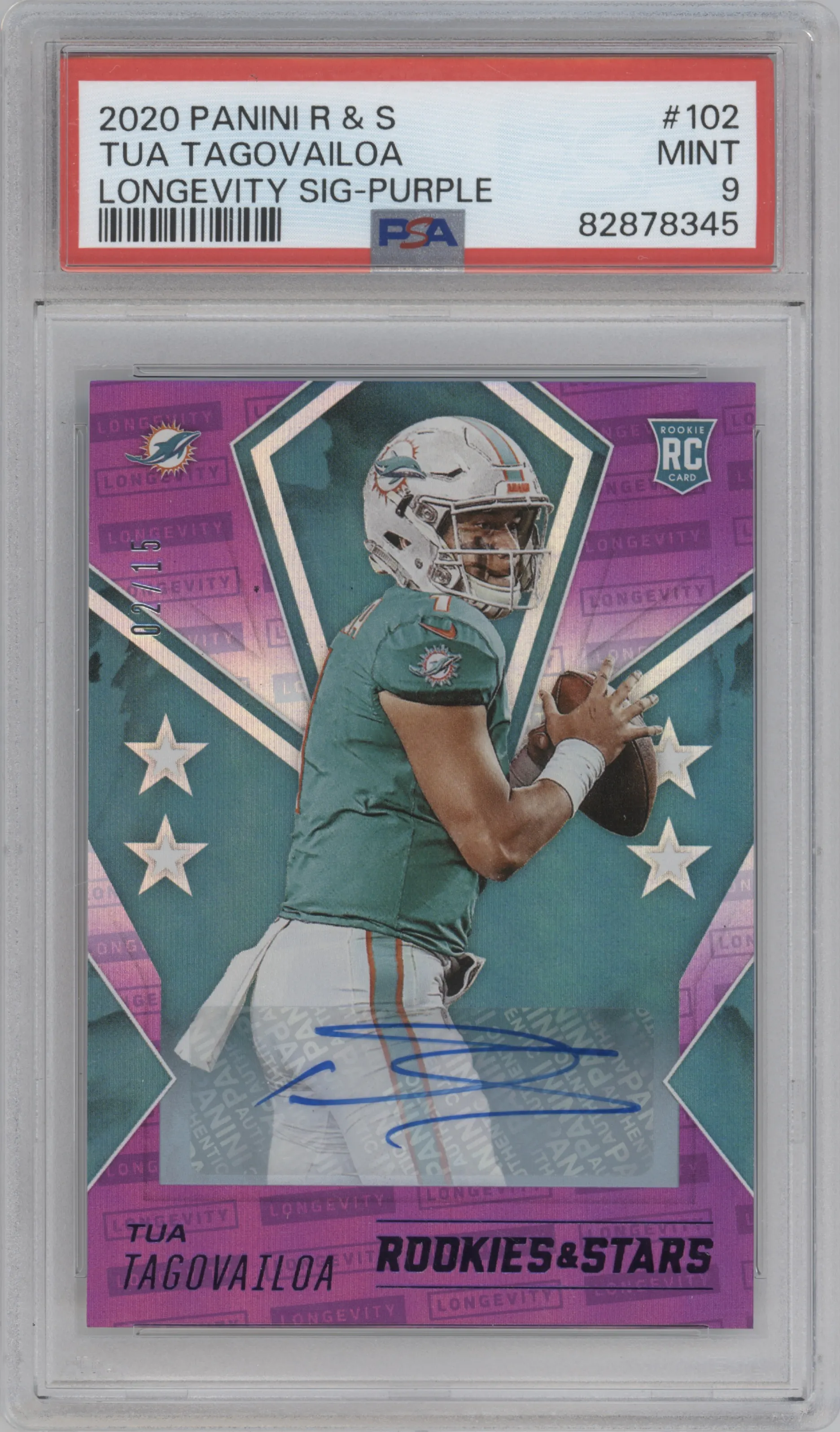 2020 Panini Rookies & Stars Rke.Longevity Sig. Tua Tagovailoa Purple PSA 9
