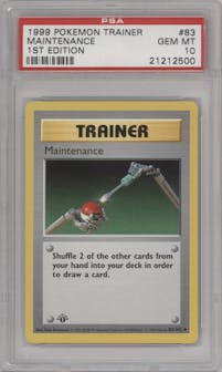 Maintenance from the 1999 Pokemon set graded by PSA and given an overall grade of 10.