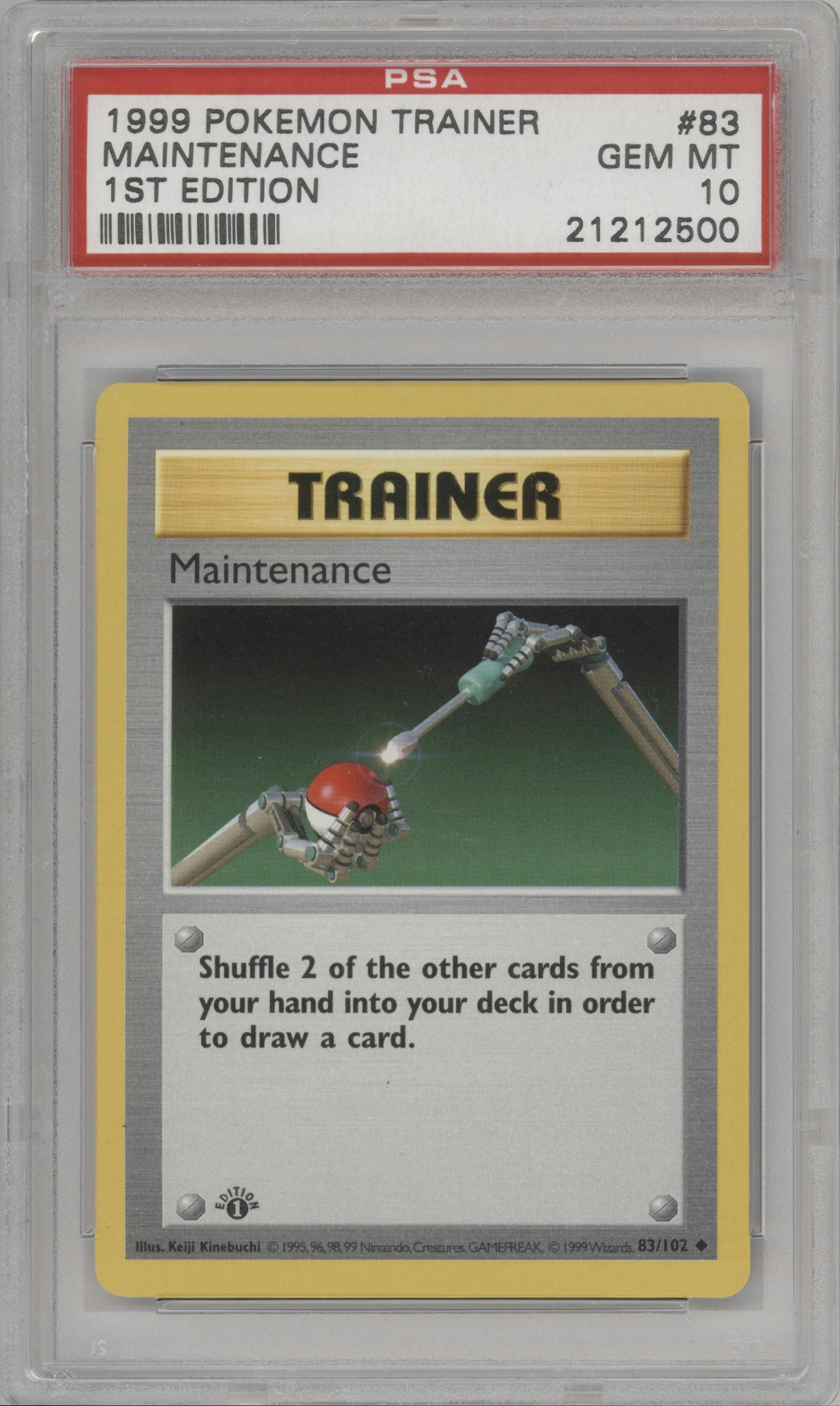 Maintenance from the 1999 Pokemon set graded by PSA and given an overall grade of 10.