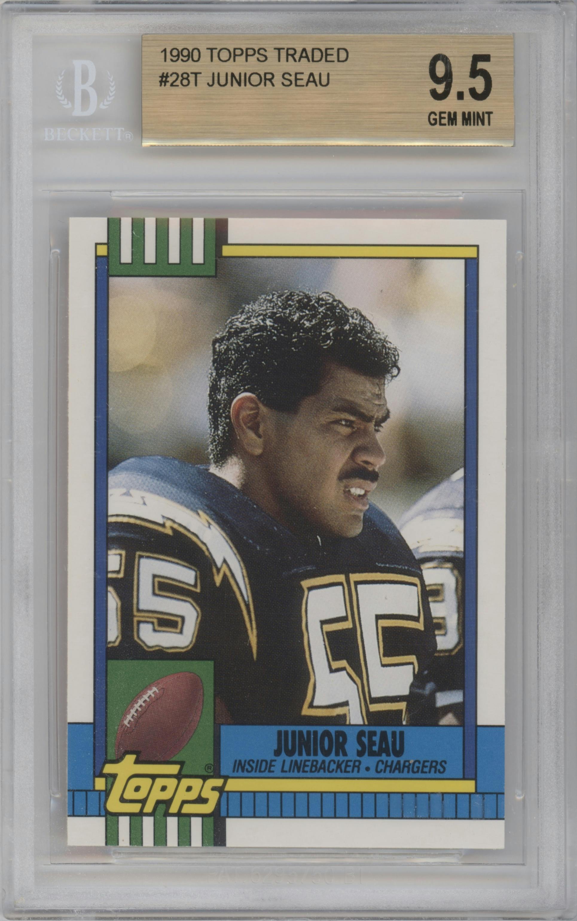 Junior Seau from the 1990 Topps Traded set graded by Beckett and given an overall grade of 9.5.