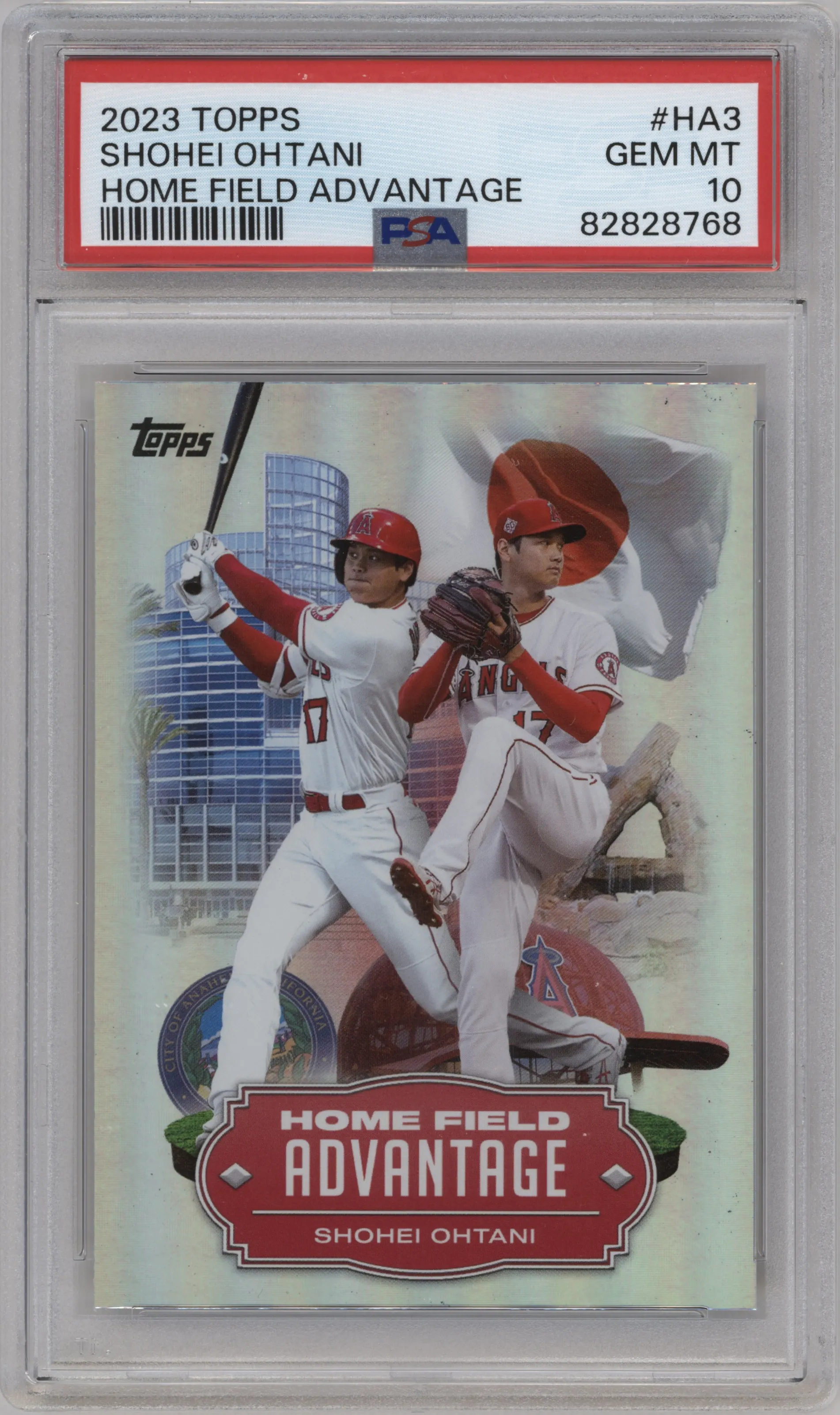 Shohei Ohtani from the 2023 Topps Series 1 set graded by PSA and given an overall grade of 10.