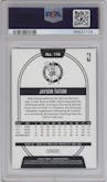Jayson Tatum from the 2020-21 Panini NBA Hoops set featuring a Green Explosion parallel graded by PSA and given an overall grade of 10.