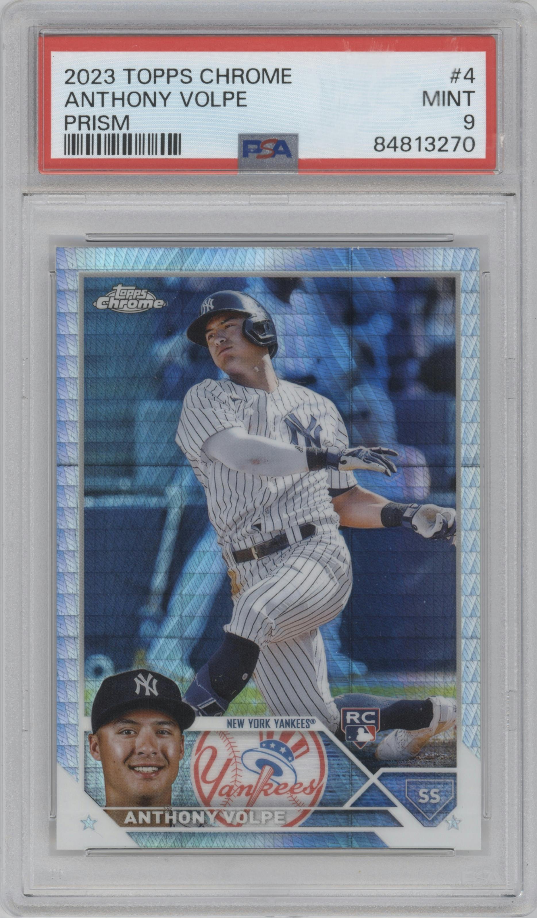 Anthony Volpe from the 2023 Topps Chrome set featuring a Prism Refractor parallel graded by PSA and given an overall grade of 9.