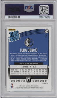 Luka Doncic from the 2018-19 Panini Donruss Optic set featuring a Shock parallel graded by PSA and given an overall grade of 10.