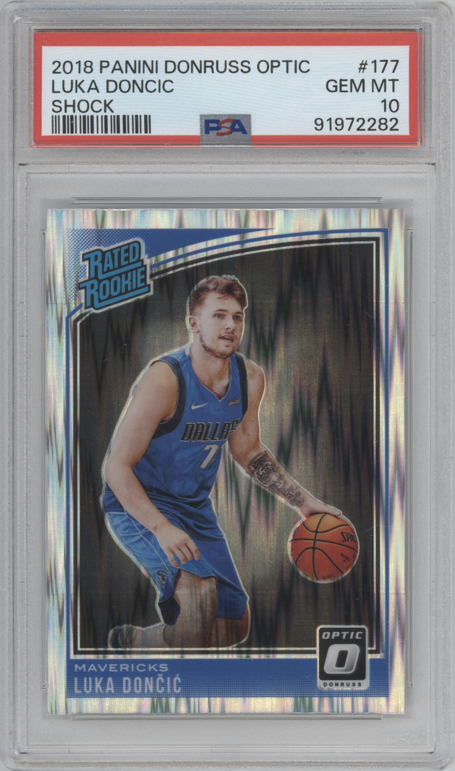 Luka Doncic from the 2018-19 Panini Donruss Optic set featuring a Shock parallel graded by PSA and given an overall grade of 10.