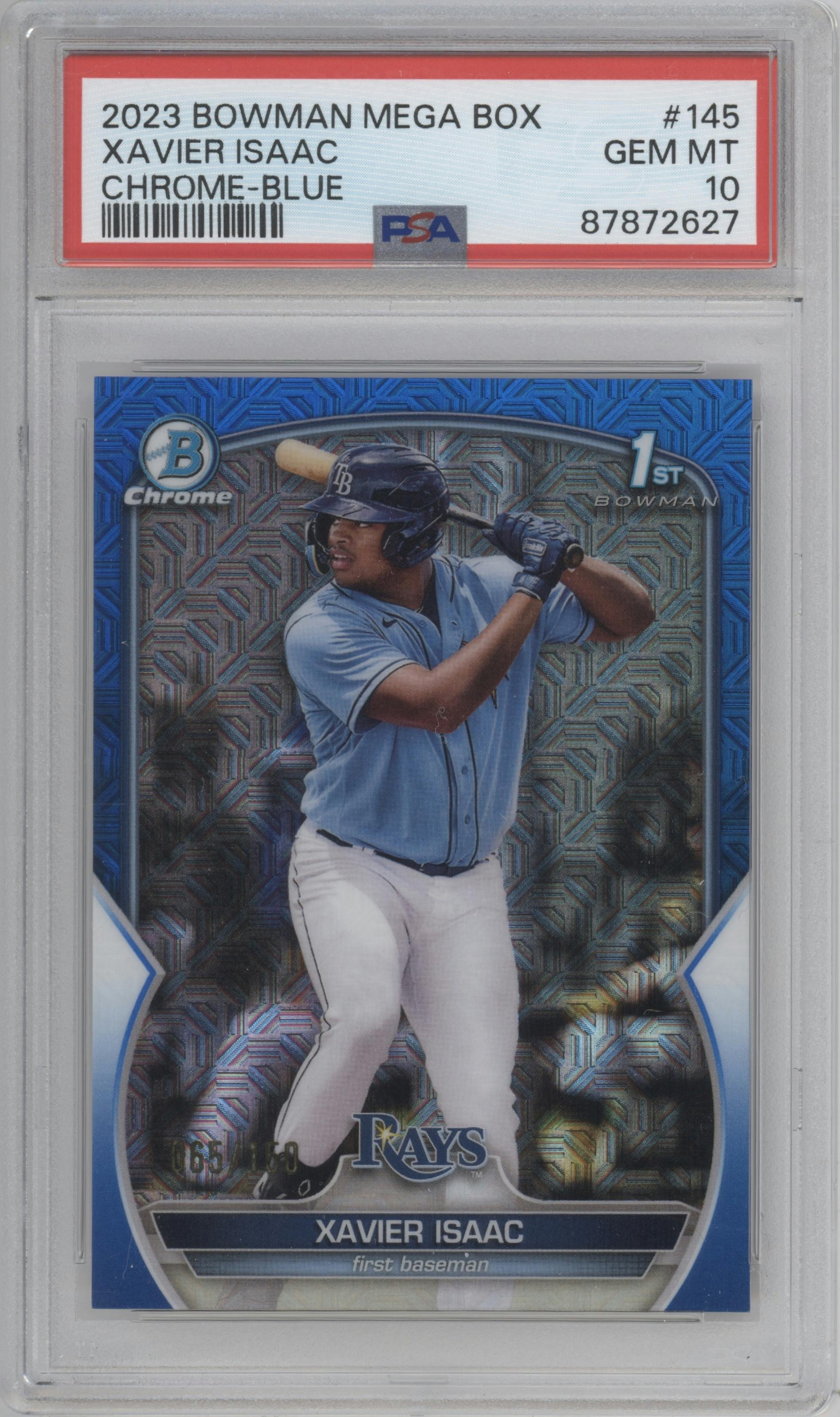 Xavier Isaac from the 2023 Bowman Mega Box set featuring a Blue Refractor parallel graded by PSA and given an overall grade of 10.