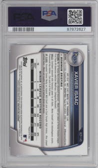 Xavier Isaac from the 2023 Bowman Mega Box set featuring a Blue Refractor parallel graded by PSA and given an overall grade of 10.