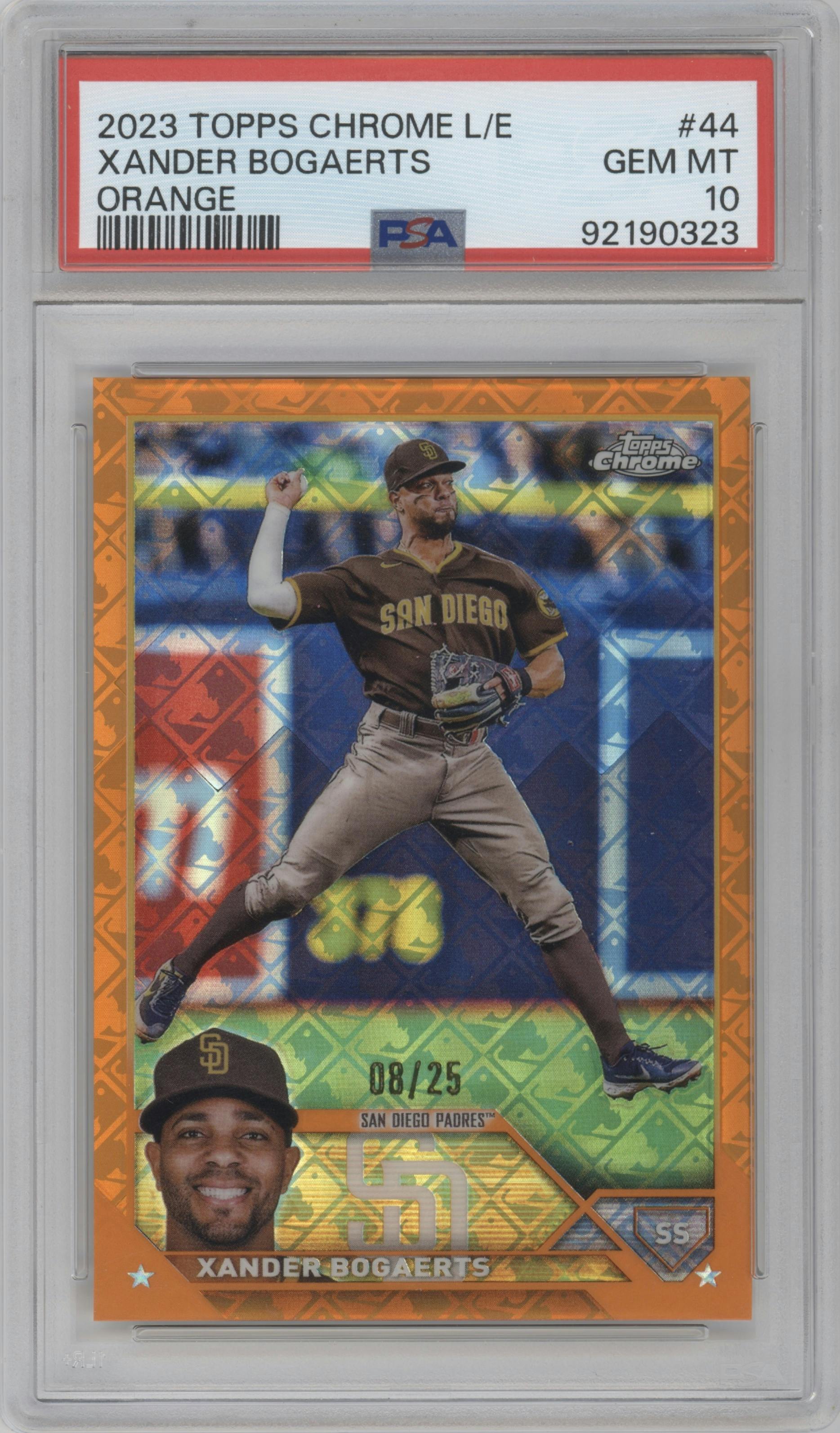 Xander Bogaerts from the 2023 Topps Chrome Logofractor Edition set featuring a Orange Refractor parallel graded by PSA and given an overall grade of 10.
