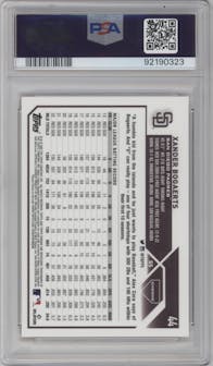 Xander Bogaerts from the 2023 Topps Chrome Logofractor Edition set featuring a Orange Refractor parallel graded by PSA and given an overall grade of 10.