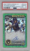 Jackson Chourio from the 2024 Topps Chrome Logofractor set featuring a Green Refractor parallel graded by PSA and given an overall grade of 10.