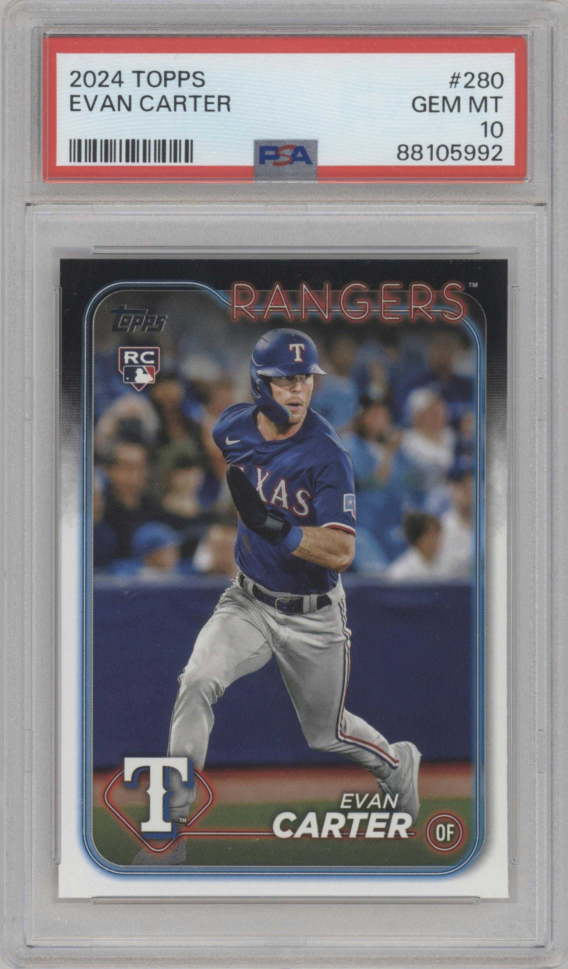 Evan Carter from the 2024 Topps  set graded by PSA and given an overall grade of 10.