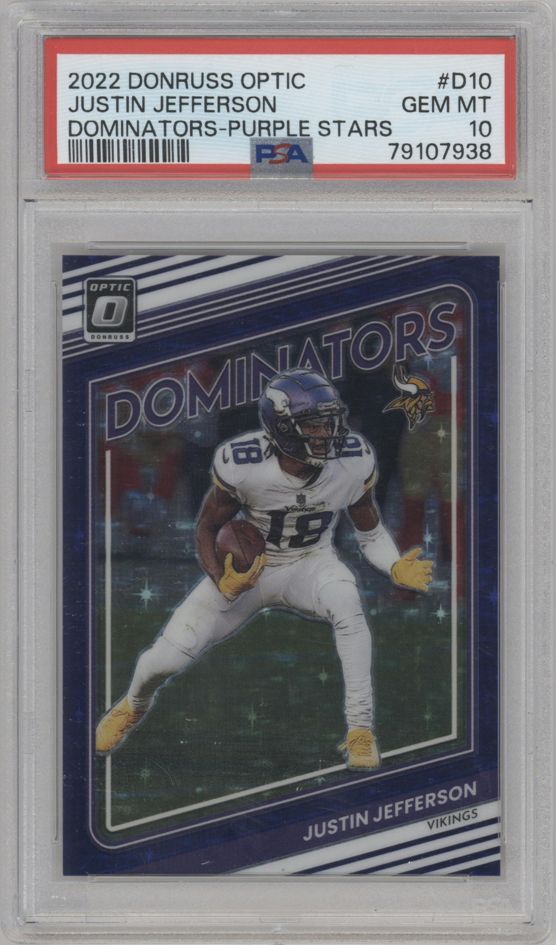 Justin Jefferson from the 2022 Panini Donruss Optic set featuring a Purple Stars FOTL parallel graded by PSA and given an overall grade of 10.