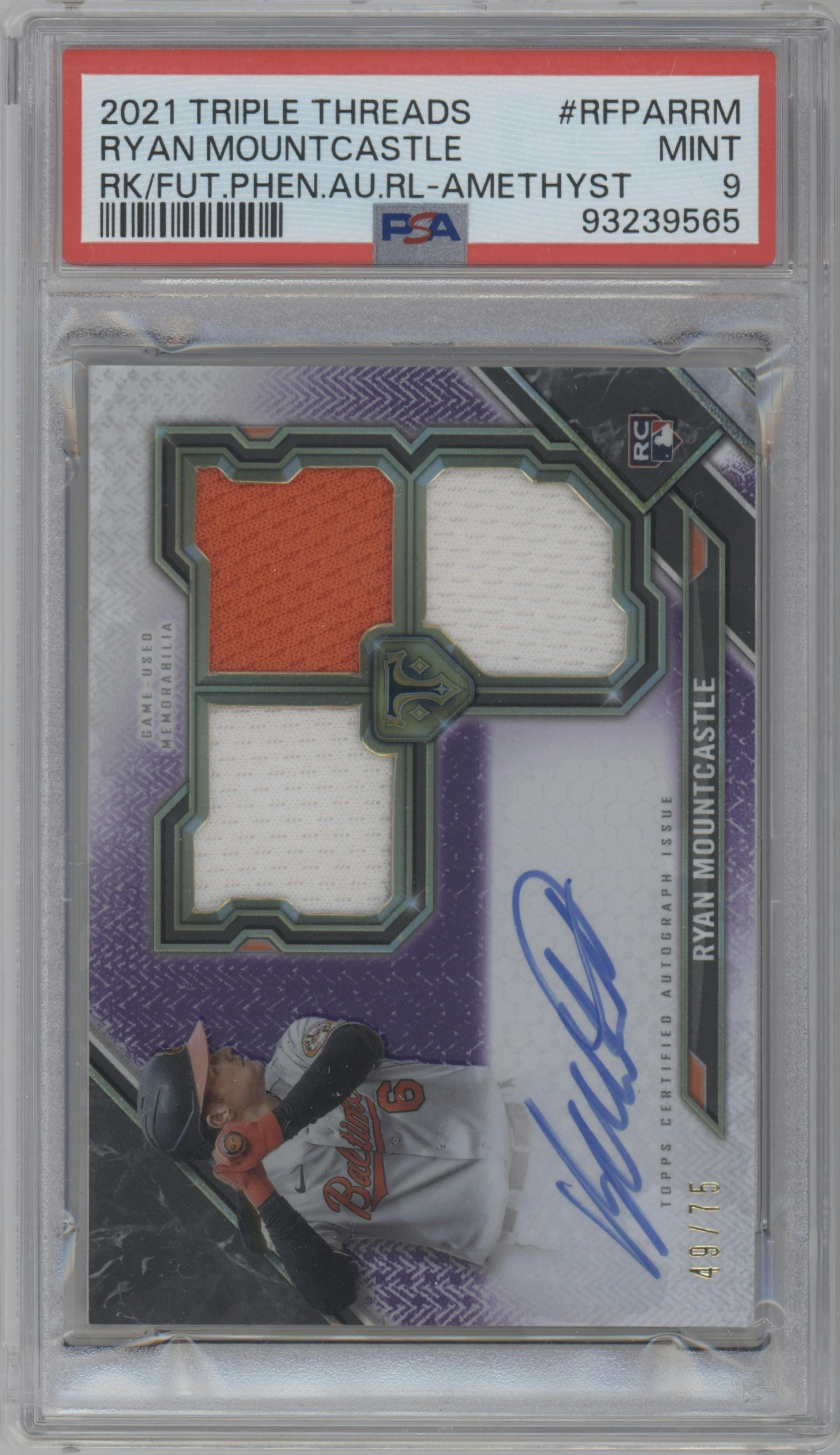 Ryan Mountcastle from the 2021 Topps Triple Threads set featuring a Amethyst parallel graded by PSA and given an overall grade of 9.