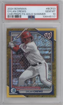 Dylan Crews from the 2024 Bowman set featuring a Gold Shimmer Refractor	 parallel graded by PSA and given an overall grade of 10.