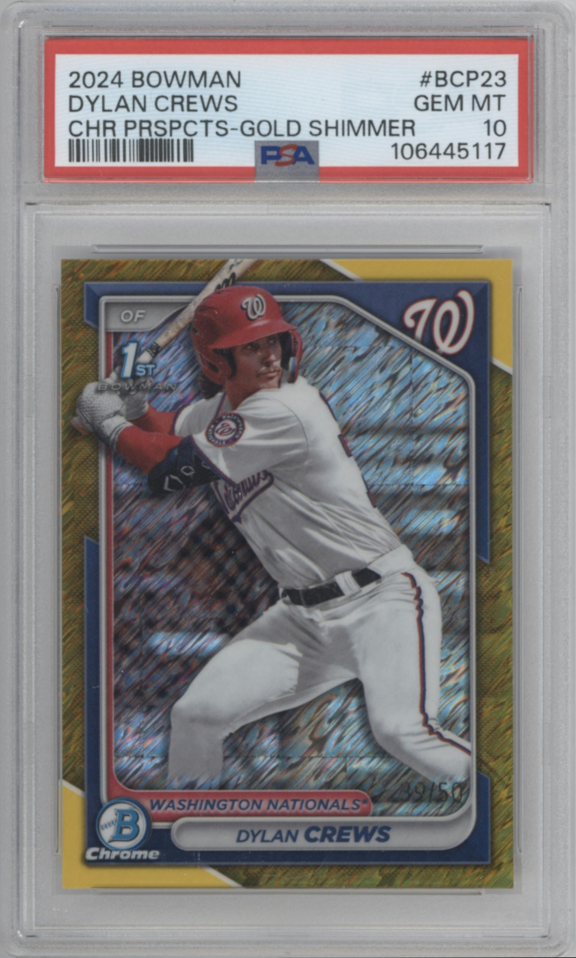 Dylan Crews from the 2024 Bowman set featuring a Gold Shimmer Refractor	 parallel graded by PSA and given an overall grade of 10.
