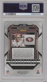 Brock Purdy from the 2022 Panini Prizm set graded by PSA and given an overall grade of 9.