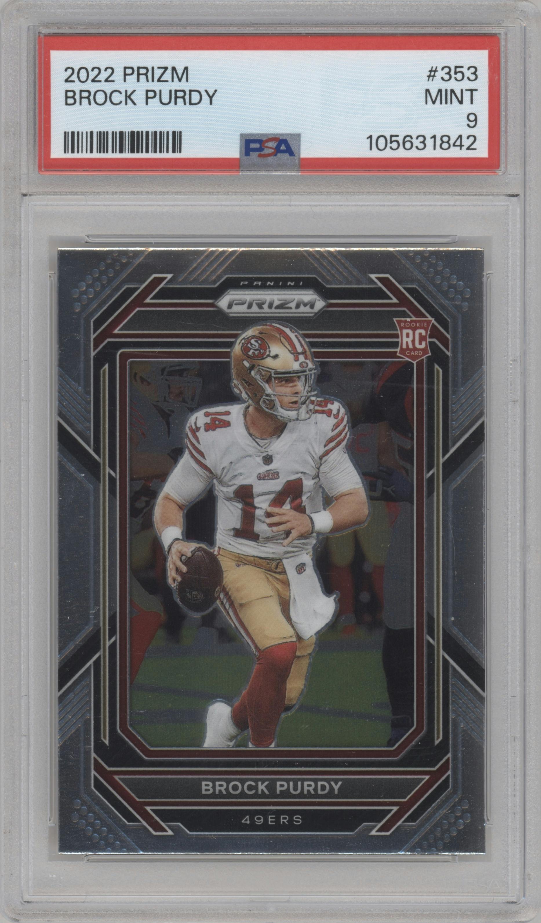 Brock Purdy from the 2022 Panini Prizm set graded by PSA and given an overall grade of 9.