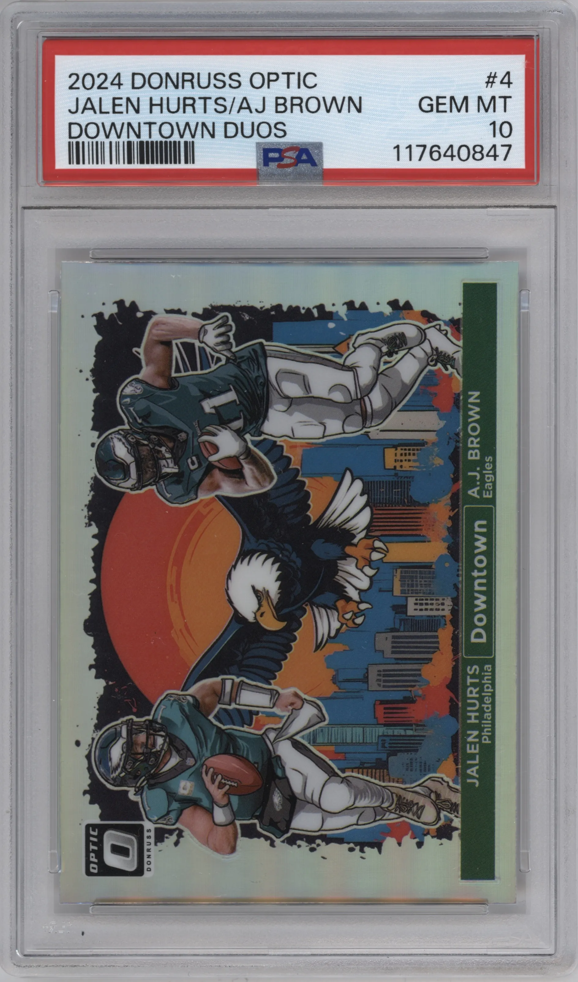 Jalen Hurts/A.J. Brown from the 2024 Donruss Optic set graded by PSA and given an overall grade of 10.