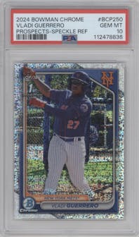 Vladi Guerrero from the 2024 Bowman Chrome set featuring a Speckle Refractor parallel graded by PSA and given an overall grade of 10.