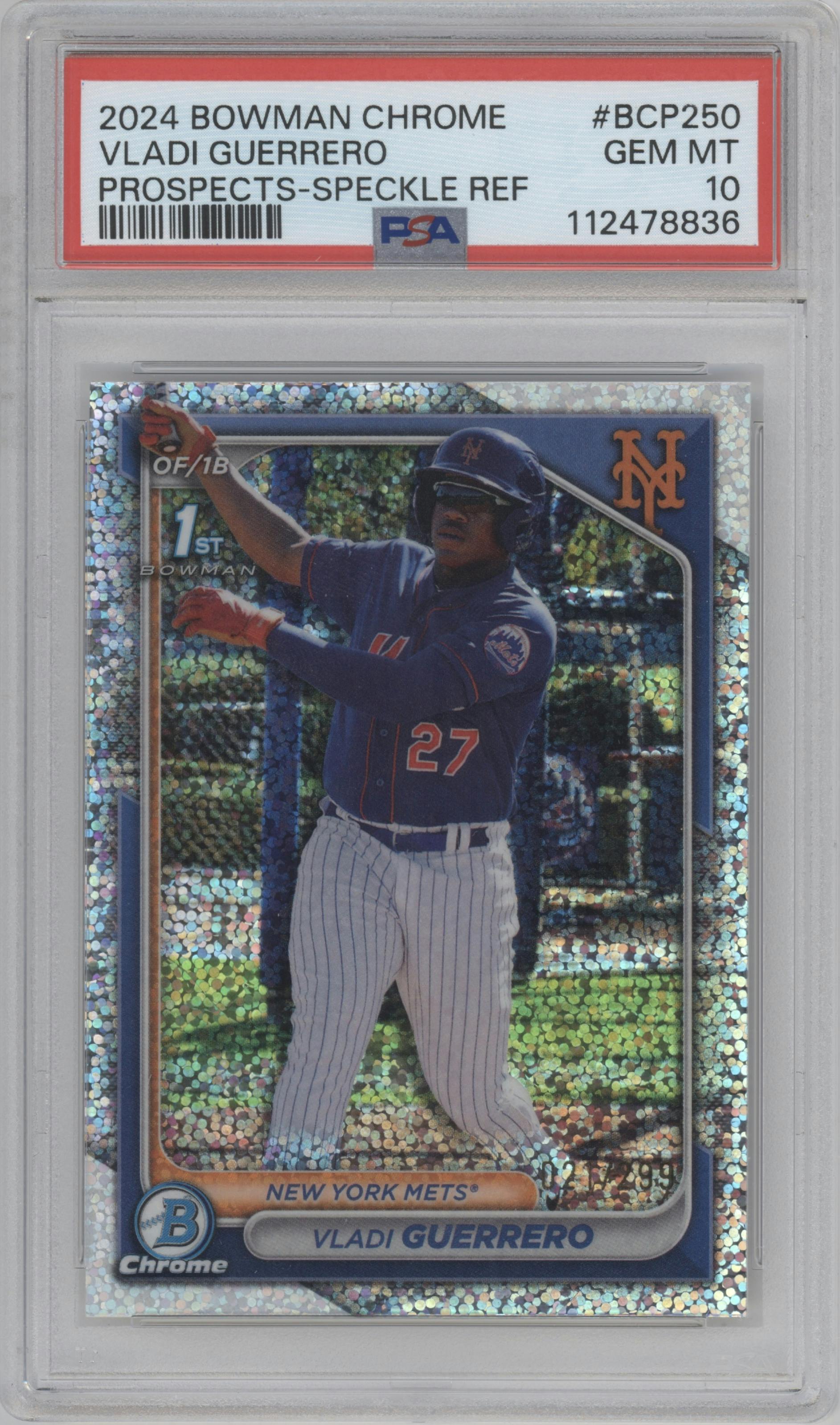 Vladi Guerrero from the 2024 Bowman Chrome set featuring a Speckle Refractor parallel graded by PSA and given an overall grade of 10.