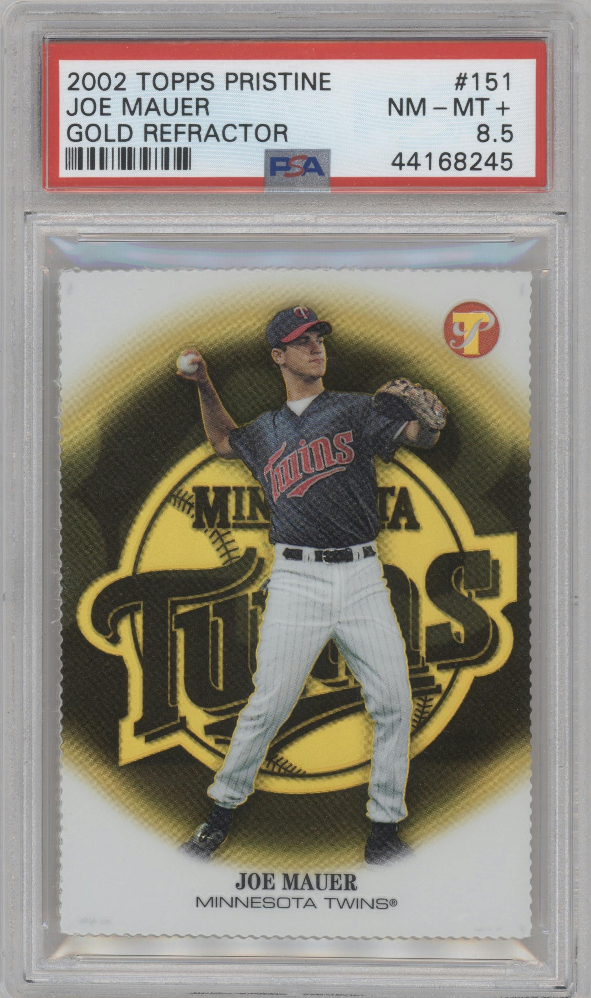 Joe Mauer from the 2002 Topps Pristine set featuring a Gold Refractor parallel graded by PSA and given an overall grade of 8.5.