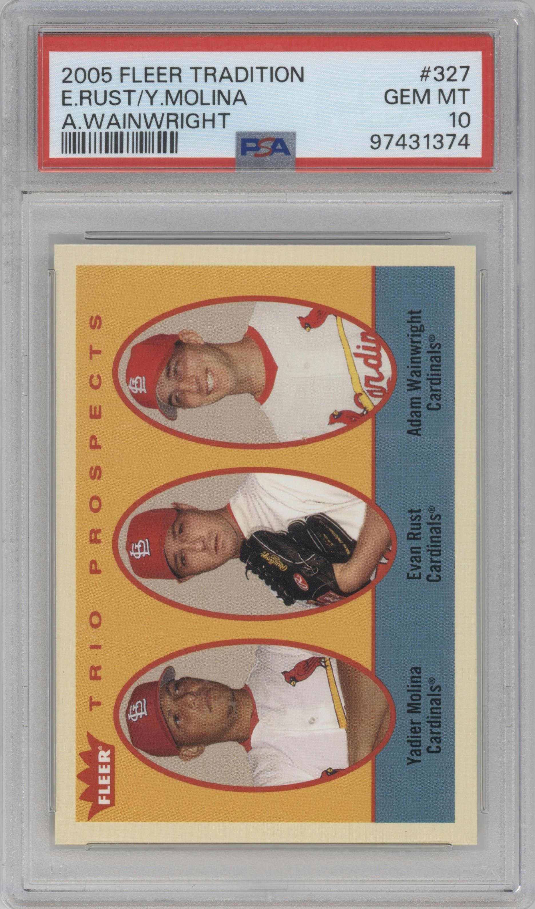 Yadier Molina / Evan Rust / Adam Wainwright from the 2005 Fleer Tradition set graded by PSA and given an overall grade of 10.