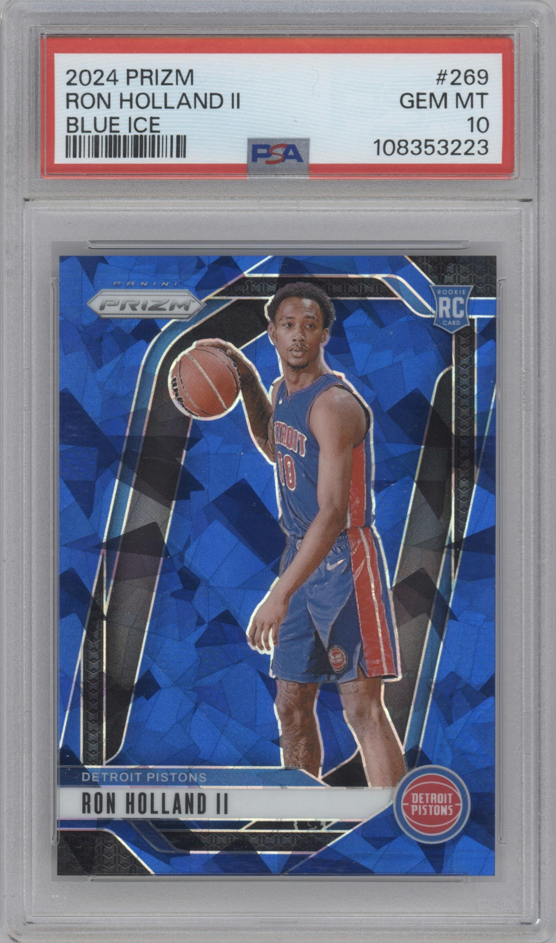 Ron Holland II from the 2024-25 Panini Prizm set featuring a Blue Ice Prizm parallel graded by PSA and given an overall grade of 10.