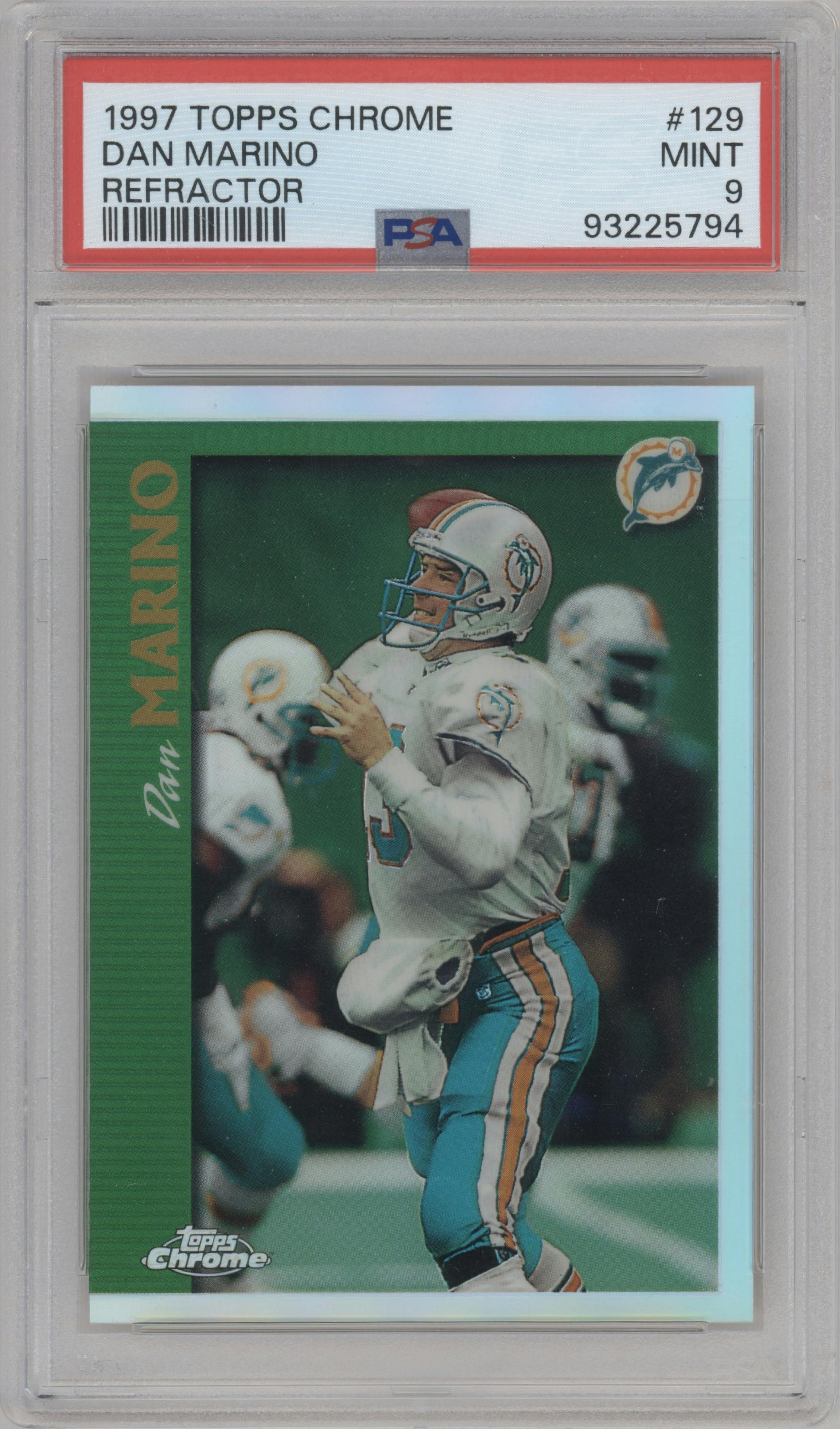 Dan Marino from the 1997 Topps Chrome  set featuring a Refractor parallel graded by PSA and given an overall grade of 9.